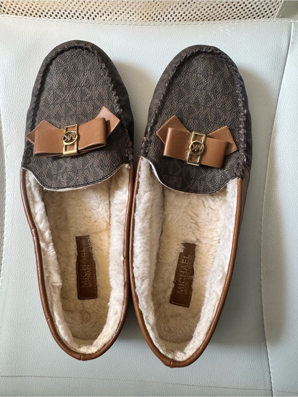 Michael Kors Brown Logo-Print Loafers with Tan Bow and Gold-Tone Logo